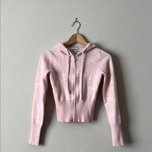 Pink Hooded Zip Up Hoodie Sweater with Bow Pattern M